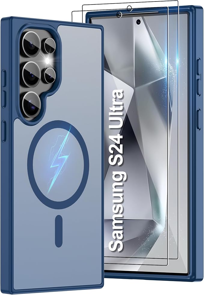 For Samsung Galaxy S24 Ultra Case [Compatible with Magsafe] Translucent Matte Magnetic Phone Case,Slim Thin Duty Shockproof Protection Cover with 2pc Screen Protector Case for S 24 Ultra-Dark blue