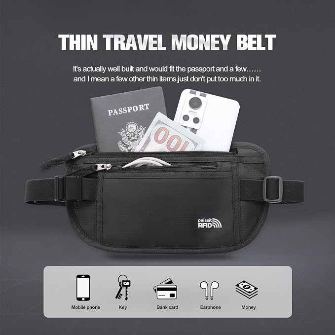 Small Unisex Money Belt For Men and Women, Slim Passport Holder RFID Blocking Travel Essentials Pouch with Adjustable Strap Small Waist Pouch for Workout Running Travelling Hiking, Black & 8 Sleeves