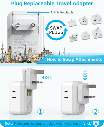 PAEWOK European Travel Plug Adapter Set, Universal Travel Adapter with 4 AC | 8-in-1 Travel Adapter, Type C/G/A/I/D/M Detachable Plugs, 4 USB Ports (2 USB C), US to EU/UK, International Power Adapter