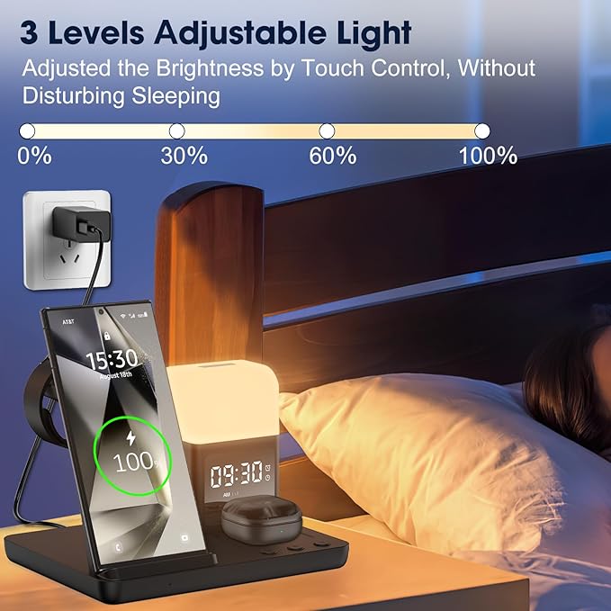 Wireless Charger for Samsung/Android,6 in 1 Alarm Clock Charging Station for Bedrooms with Bedside Clock Night Light for Samsung S25/S24/S23 Ultra/Buds,Watch Charger only for Galaxy Watch 8/7/6-Black