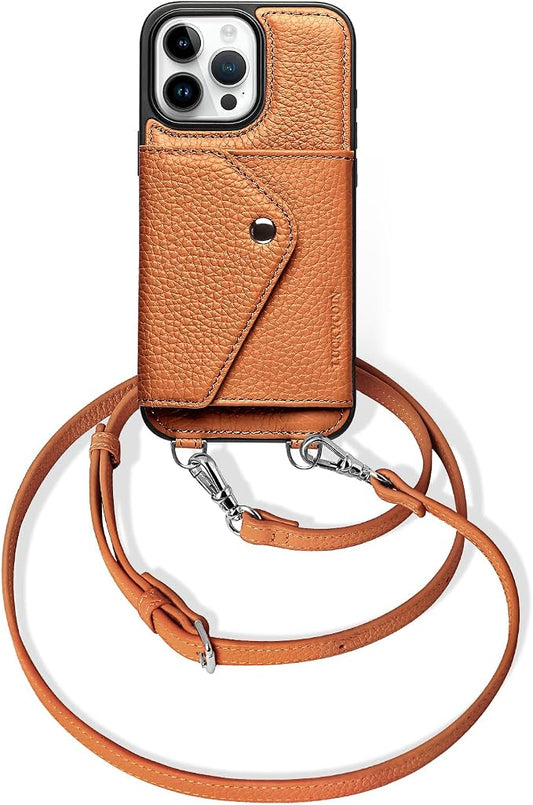 LUCKYCOIN for iPhone 16 Pro Max Crossbody Wallet Case – Genuine Leather Phone Purse with Adjustable Strap and Card Holder,Lanyard Phone Purse Case for Women,Pebble Grain Brown