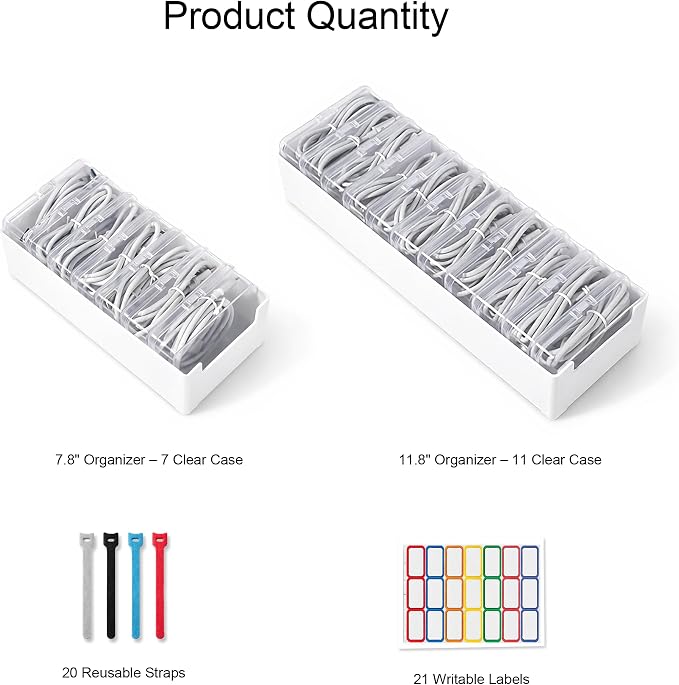 KUGUA 2 Pack Cable Organizer Box Set with 7 and 11 Clear Cases for Charging Cables, Chargers, Earphones and Small Accessories, Includes Cable Ties and Labels for Home, Desk and Drawer
