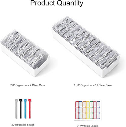 KUGUA 2 Pack Cable Organizer Box Set with 7 and 11 Clear Cases for Charging Cables, Chargers, Earphones and Small Accessories, Includes Cable Ties and Labels for Home, Desk and Drawer