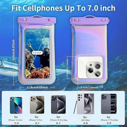 Floatable Waterproof Phone Pouch Case for iPhone 17 16 Pro Max/15/14/13/12, IP68 Travel Cellphone Dry Bag Beach Cruise Ship Essentials Bags with Crossbody Lanyard, Iridescent Purple - 7″