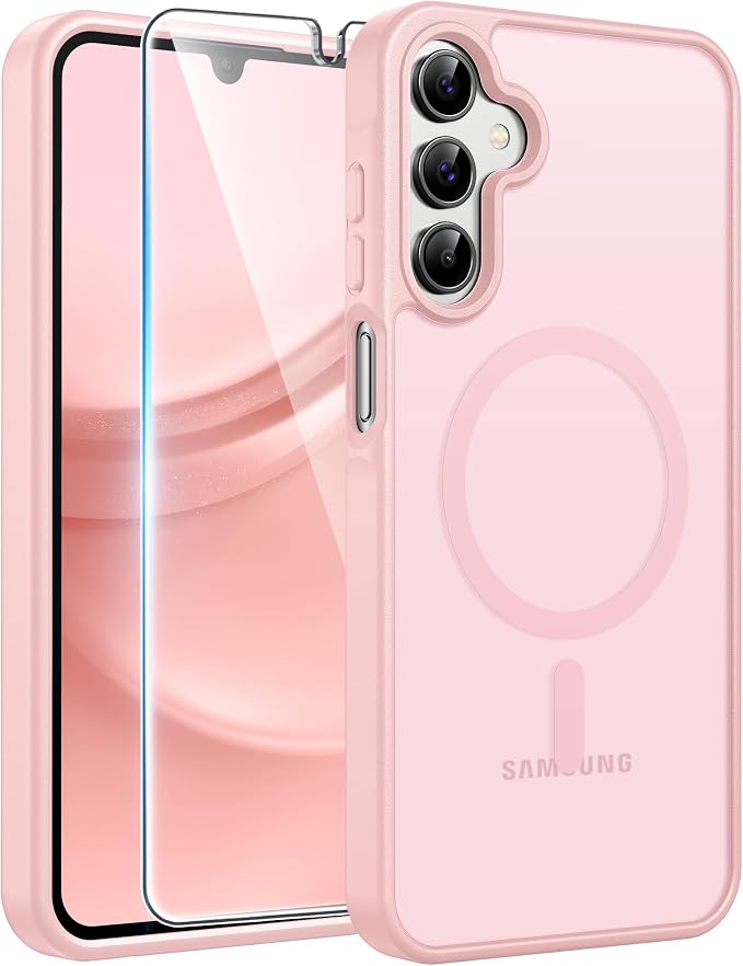 FNTCASE for Galaxy A15 5G Phone Case, Screen Protector, Light Pink | Translucent Matte Magnetic Back, 14FT Military Grade Drop Protection, Shockproof Protective, for Samsung A 15 Cover