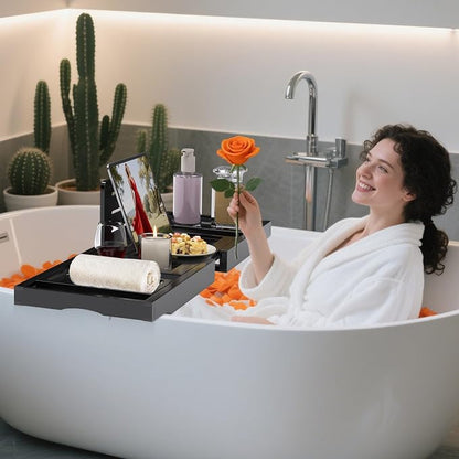 Bathtub Tray Caddy,Premium Bamboo Expandable Bath Tub Trays Table, Foldable Bathroom Accessories,Great House Warming, Anniversary and Birthday Gifts,Black