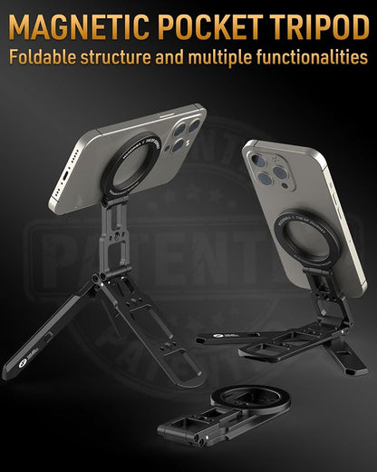 Dual Magnetic Phone Tripod for MagSafe Tripod Foldable Double Magnet Mount Pocket Cell Phone Stand for iPhone 17/16/15 Pro Plus Max Travel Gym Magnetic Tripod [US Patent Registered]