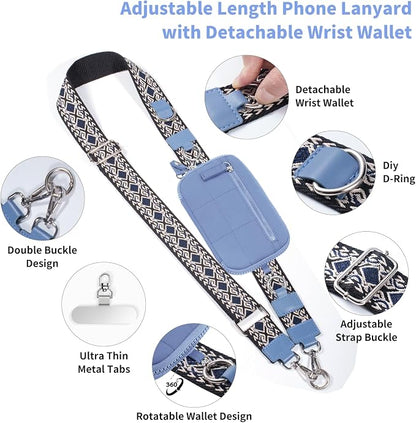 Tiostep Clip and Go Strap for Phone with Wallet Crossbody Phone Lanyard with Anti-Theft Zipper Pouch Detachable Quilted Wrist Wallet with RFID and ID Window for Daily Travel. Blue