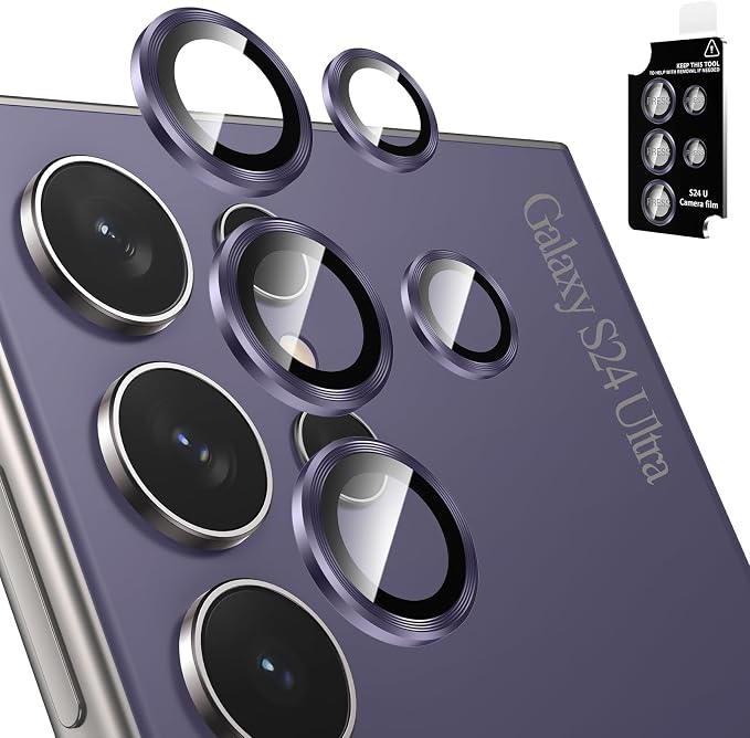 Tensea (3+2PCS for Samsung Galaxy S24 Ultra 5G Camera Lens Protector, 9H Tempered Glass Camera Cover Screen Protector Metal Individual Ring for S24 Ultra 5G 2024 [Installation Tray][Case Friendly]