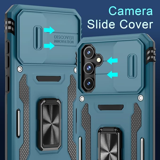 DEERLAMN Case for Samsung Galaxy S23 FE 6.4-Inch with Slide Camera Cover+Screen Protector(1 Pack),Rotated Ring Kickstand Military Grade Shockproof Protective Cover-Light Blue