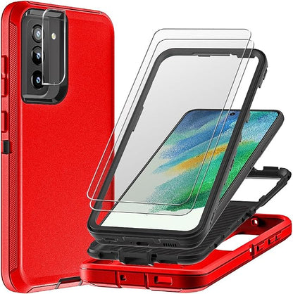 for Samsung Galaxy S21 FE Case with 2Pcs Screen Protector and 1Pcs Camera Lens Protector, Military Grade Heavy Duty Shockproof/Drop Proof/Dust Proof Case (Red/Black)