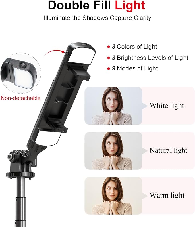 Selfie Stick Phone Tripod with Remote and LED Fill Lights - ASHINER 70 inch Heigh Cell Phone Holder for Travel, Vlogging, Live Streaming Video and Photos,Phone Stand Compatible with iPhone and Android