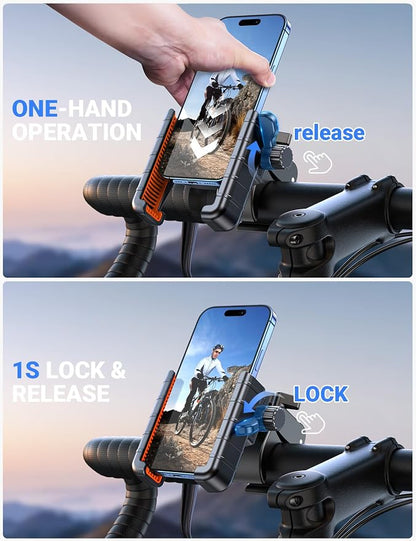 Coolpow Bike Phone Holder for Bike【Camera Friendly】 Ultra Stable Motorcycle Phone Mount【1s Lock】 Bike Cell Phone Holder Clamp for iPhone 17 Pro Max 16 15 14, All 4.7-7" Smartphones