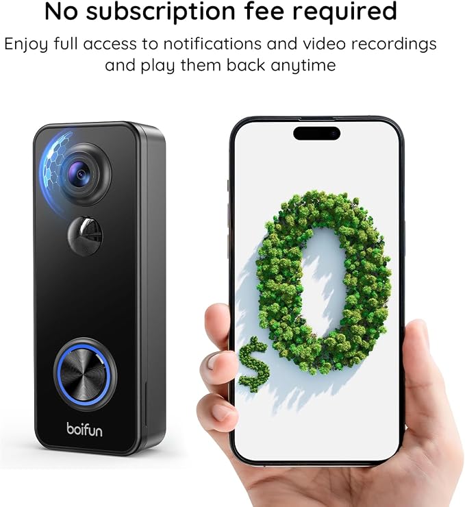 BOIFUN Video Doorbell Camera Wireless, 180° Wide View, 2K HD, No Subscription, AI Human Detection, Head-to-Toe, HDR Night Vision, Two-Way Audio, Battery Powered with Chime, 2.4 GHz Wi-Fi Only
