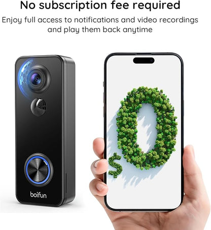 BOIFUN Video Doorbell Camera Wireless, 180° Wide View, 2K HD, No Subscription, AI Human Detection, Head-to-Toe, HDR Night Vision, Two-Way Audio, Battery Powered with Chime, 2.4 GHz Wi-Fi Only