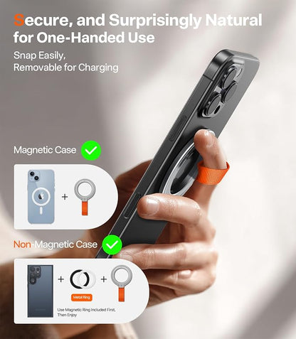 TORRAS 2025 Upgrade (Gen 6.0) Magnetic Phone Grip Holder Kickstand with Braided Strap, Fit for MagSafe Ring Removable, for iPhone 17 16,15, 14, 13 12 Pro/Max Samsung, Google (Silver), Ostand Ring