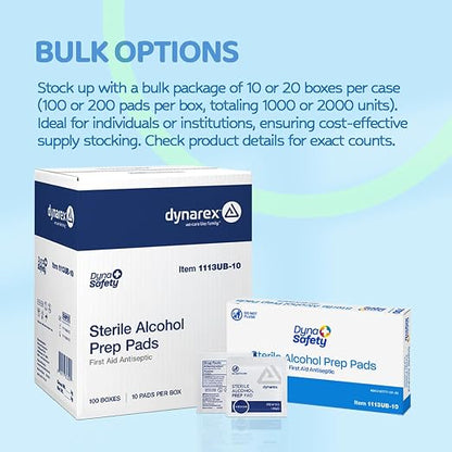Dynarex DynaSafety Sterile Alcohol Prep Pads - Medium - 70% Isopropyl Alcohol, Individually Wrapped, Soft Cleaning Wipes - Box of 10