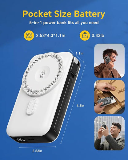 DR.HILL Magnetic Battery Pack Real Capacity 10000mAh, 22.5W Fast Charging Portable Charger with Built-in Cables & AC Wall Plug, Foldable Stand Power Bank for Apple Watch Phone 17/16/15/14/13 (White)