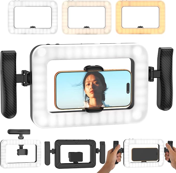 Smartphone Video Rig with LED Light, Ring Light for Phone, Video Recording with Remote, Adjustable 2900K-7000K&CRI 95+, Handheld Makeup Light for YouTube TikTok Live Streaming Makeup Vlogging