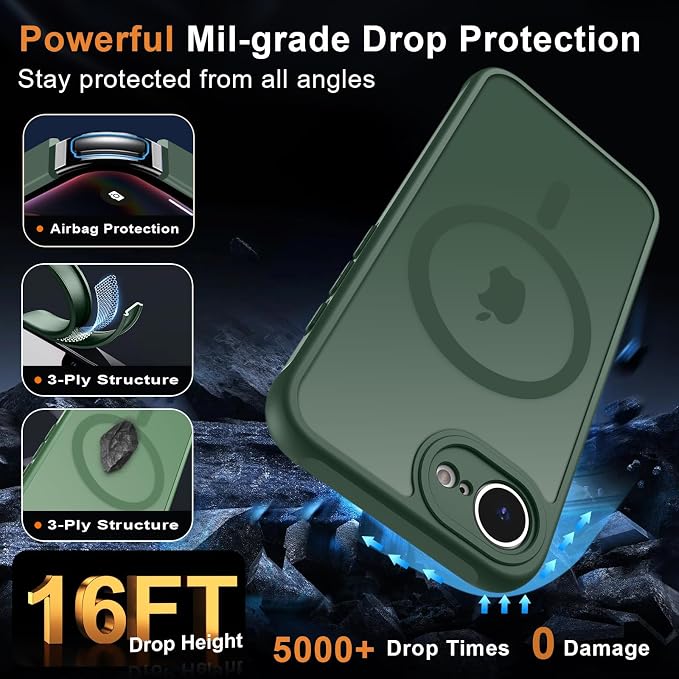 MOCCA Strong Magnetic for iPhone 17e Case/iPhone 16e Case [Compatible with Magsafe] [Full Camera Protection] Slim Translucent Matte Shockproof Phone Case for iPhone 17e / 16e 6.1", Midnight Green