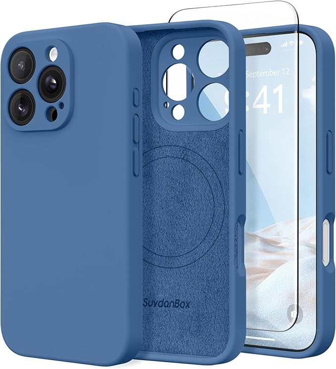 Magnetic for iPhone 16 Pro Max Case, Compatible with MagSafe, [Full Camera Protection][Screen Protector] Silicone Shockproof Protective Phone Case for iPhone 16 Pro Max 6.9", Lake Blue