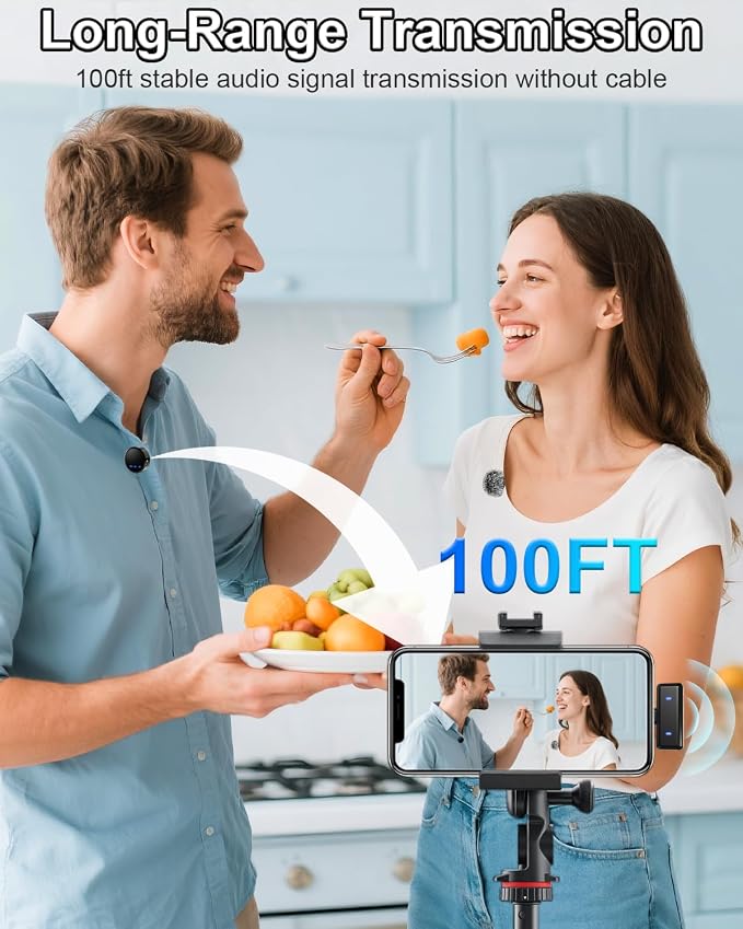 PoP voice Wireless Lavalier Microphone for iPhone 16/15/14/13/iPad/Android, USB C Mini Microphone for Video Recording, Lapel mic with Charging Case, Noise Reduction, for Vlog/YouTube, 48H, 100ft