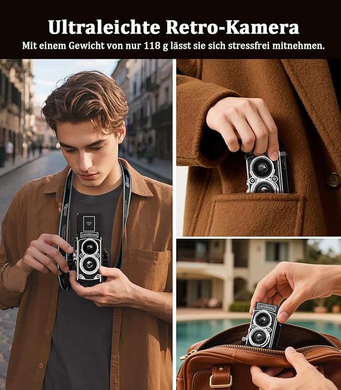 CHUZHAO Digital Camera Retro, Portable TLR Style Twin-Lens Vintage Camera, 12MP Autofocus 1080P FHD Point and Shoot Pocket Vlogging Retro Digital Cameras with16 GB Card for Beginners Teens Boys Girls