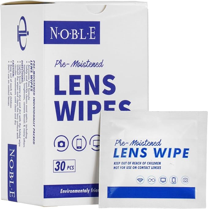 Noble Pre-moistened Lens Wipes Individually Wrapped - Lens and Screen Cleaning Wipes - Great for Eyeglasses, Cell Phones, Camera Lenses, Screens, Keyboards, and Other Delicate Surfaces (30 Wipes)