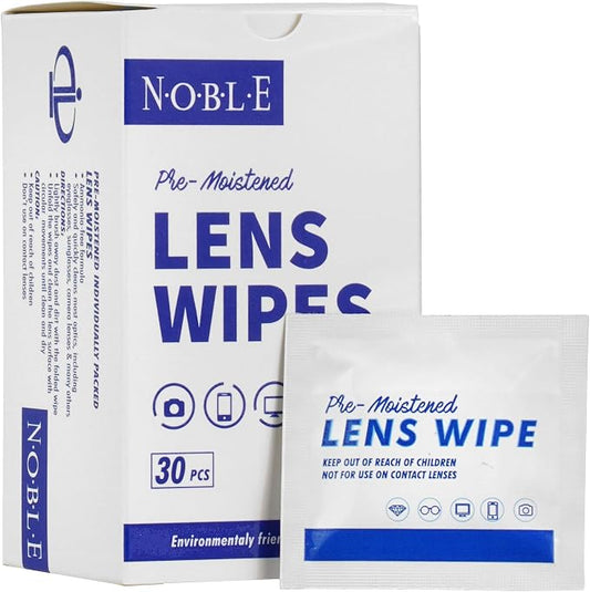 Noble Pre-moistened Lens Wipes Individually Wrapped - Lens and Screen Cleaning Wipes - Great for Eyeglasses, Cell Phones, Camera Lenses, Screens, Keyboards, and Other Delicate Surfaces (30 Wipes)