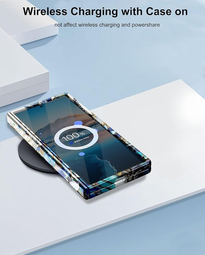 Btscase for Samsung Galaxy Z Fold 7 Case,Built in Front Screen Protector,Gold Glitter Marble Pattern Hard PC Slim Shockproof Full Body Drop Protective Case for Galaxy Z Fold 7 5G, Blue Floral