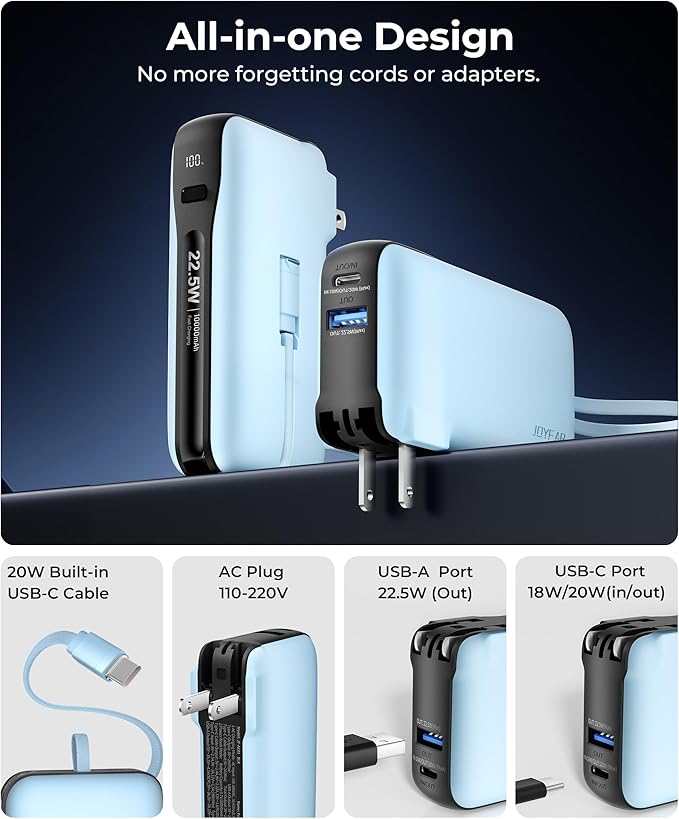 Portable Charger with Built-in USB-C Cable & Plug, 10,000mAh 5V/4.5A Power Bank Fast Charging 22.5W, Travel Essential Battery Pack 3 Output for iPhone 16/15 Series, Samsung Galaxy, iPad, 1 Pack
