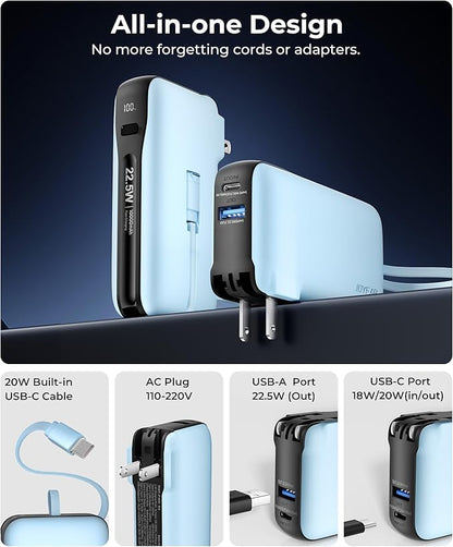 Portable Charger with Built-in USB-C Cable & Plug, 10,000mAh 5V/4.5A Power Bank Fast Charging 22.5W, Travel Essential Battery Pack 3 Output for iPhone 16/15 Series, Samsung Galaxy, iPad, 1 Pack