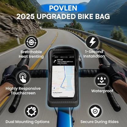 Povlen Waterproof Bike Frame Bag - Bike Phone Holder Touchscreen Bicycle Top Tube Bag for Cycling, Large Storage Bike Bag Fits Phones Under 7" for Road Bike
