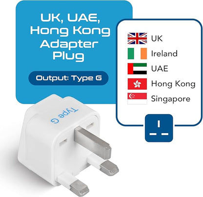 Ceptics UK, Hong Kong, Ireland, UAE Travel Plug Adapter (Type G) - 3 Pack [Grounded & Universal] (GP-7-3PK), White, Standard | UK Travel Plug Adapter, UK Adapter for Ireland, UAE & Hong Kong, Type G Adapter for Travel for US Travelers