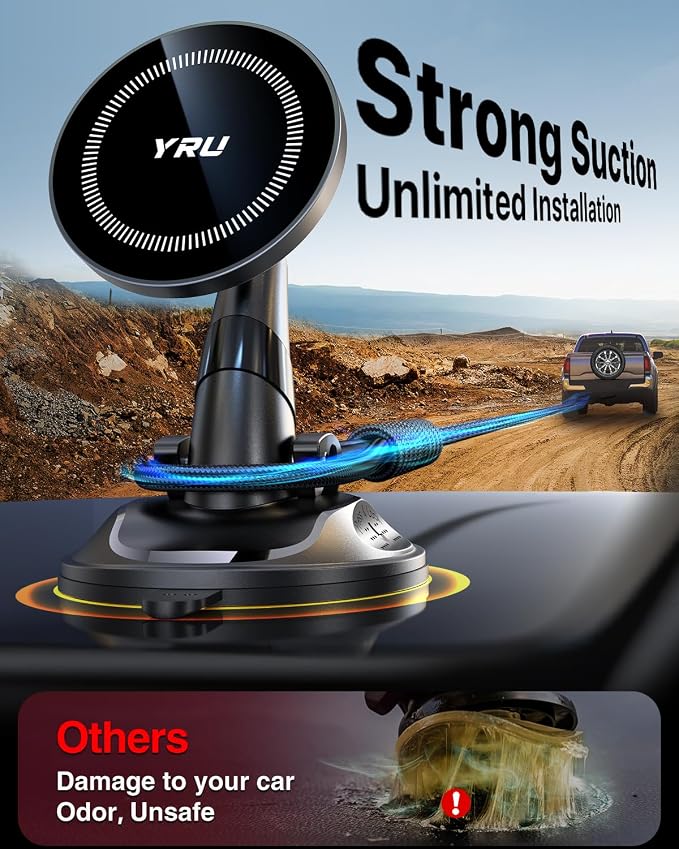 YRU [True Upgraded Military-Grade Phone Holder for Magsafe Car Mount 360° Rotating Vacuum Suction Dashboard, 2800gf Strongest Magnetic Windshield Phone Mount for iPhone 17 Pro Max 16 15 14,Black