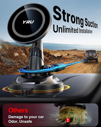 YRU [True Upgraded Military-Grade Phone Holder for Magsafe Car Mount 360° Rotating Vacuum Suction Dashboard, 2800gf Strongest Magnetic Windshield Phone Mount for iPhone 17 Pro Max 16 15 14,Black