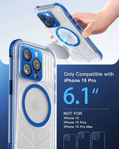 for iPhone 15 Pro Waterproof Case with Magsafe, Built-in [Camera & Screen Protector] [Lanyard], IP68 Water Proof Full Body Dustproof Heavy Duty Frosted Protective Phone Cover, 6.1" Blue