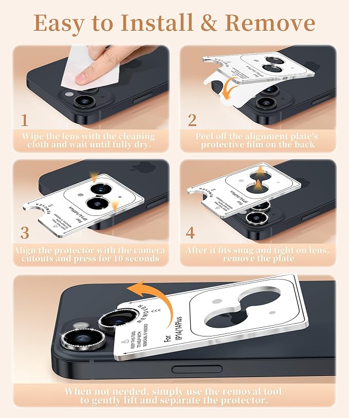 GolbinBox Camera Lens Protector for iPhone 14/14 Plus, 1:1 Invisible Fit, 9H Tempered Glass Ultra HD Metal Individual Camera Cover for Women, Case Friendly, Bling/Black
