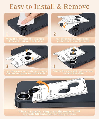 GolbinBox Camera Lens Protector for iPhone 14/14 Plus, 1:1 Invisible Fit, 9H Tempered Glass Ultra HD Metal Individual Camera Cover for Women, Case Friendly, Bling/Black