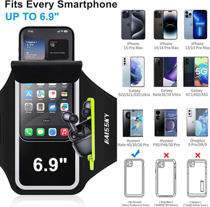 Cell Phone Running Armband with Zipper Pocket Armband Case Running Holder for iPhone 16 Pro Max/15/14 Pro Max/13/12 /11 Pro Max/XS/XR,Galaxy S20 S10,Sweatproof Arm Band with Card/Key Bag