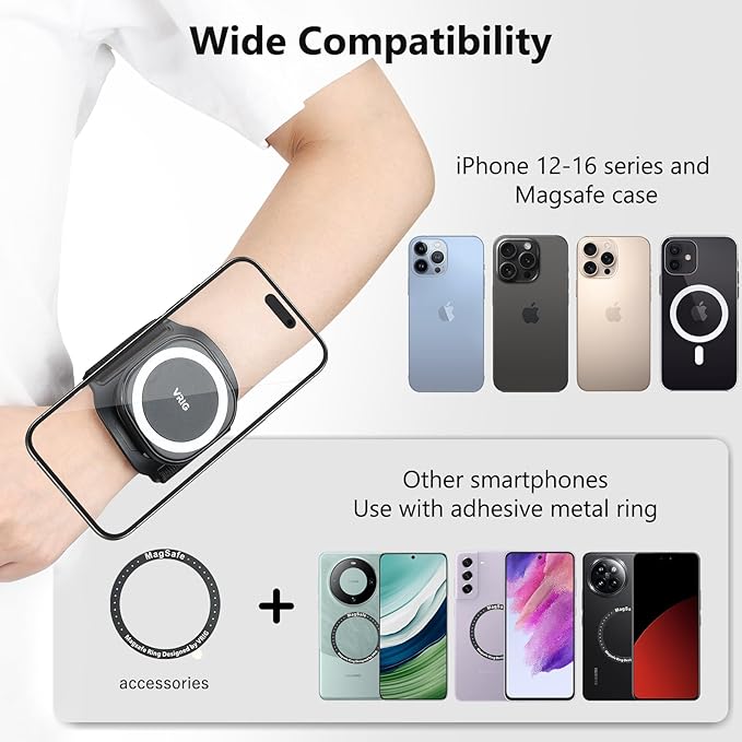VRIG 360 Rotatable Magnetic Wristband Phone Holder, Wristband Cell Phone Holder, Magnetic Phone Holder, Compatible with magsafe iPhone 16 15 14 13 12 Pro Max Plus Mini