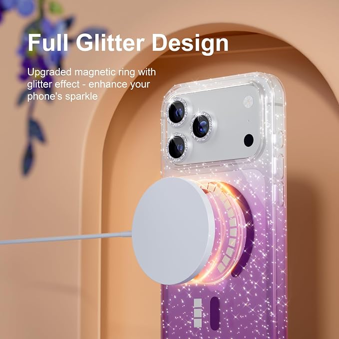 Choiche Magnetic for iPhone 17 Pro Case Compatible with MagSafe, Women Cute Glitter Sparkly Phone Case with Diamond Camera Lens Protectors, Military-Grade Drop Protection 6.3" (Clear/Purple)