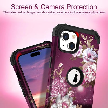 Hocase for iPhone 15 Case, Heavy Duty Shockproof Protection Soft Silicone Rubber Bumper+Hard Plastic Hybrid Protective Case for iPhone 15 (6.1" Display) 2023 - Royal Purple Flowers