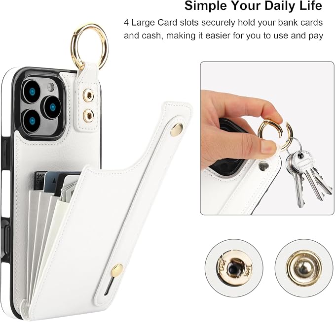 Folosu for iPhone 16 Pro Max Wallet Case with Card Holder, Hand Wrist Strap Loop Holder Kickstand, RFID Blocking Finger Grip Ring PU Leather Double Buttons Shockproof Cover 6.9" White