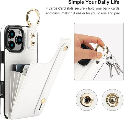 Folosu for iPhone 16 Pro Max Wallet Case with Card Holder, Hand Wrist Strap Loop Holder Kickstand, RFID Blocking Finger Grip Ring PU Leather Double Buttons Shockproof Cover 6.9" White