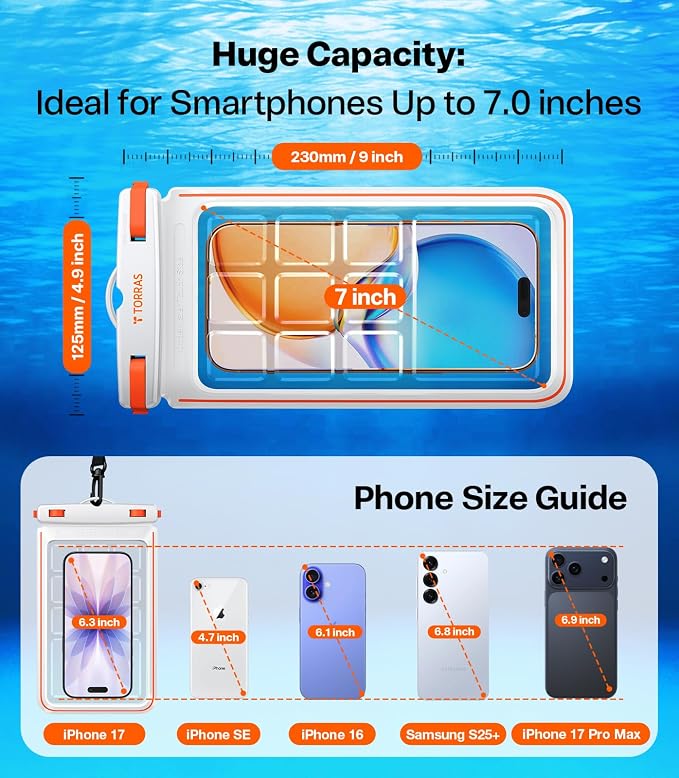 TORRAS 2 Pack IPX8 Waterproof Phone Pouch Floating, Underwater Screen Touchable, Waterproof Phone Case with Lanyard for iPhone 17 Pro Max 16 15 14 S26 Ultra S25, Cell Phone Dry Bag 7.0", Black & White