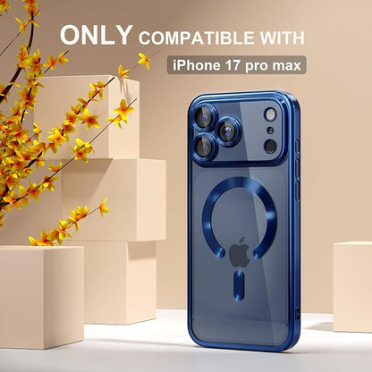 Misea Magnetic for iPhone 17 Pro Max Case Compatible with MagSafe [Never Yellowing] [Military Grade Drop Protection] Full Camera Lens Protector Plating Soft Clear Phone Case for Women, Deep Blue