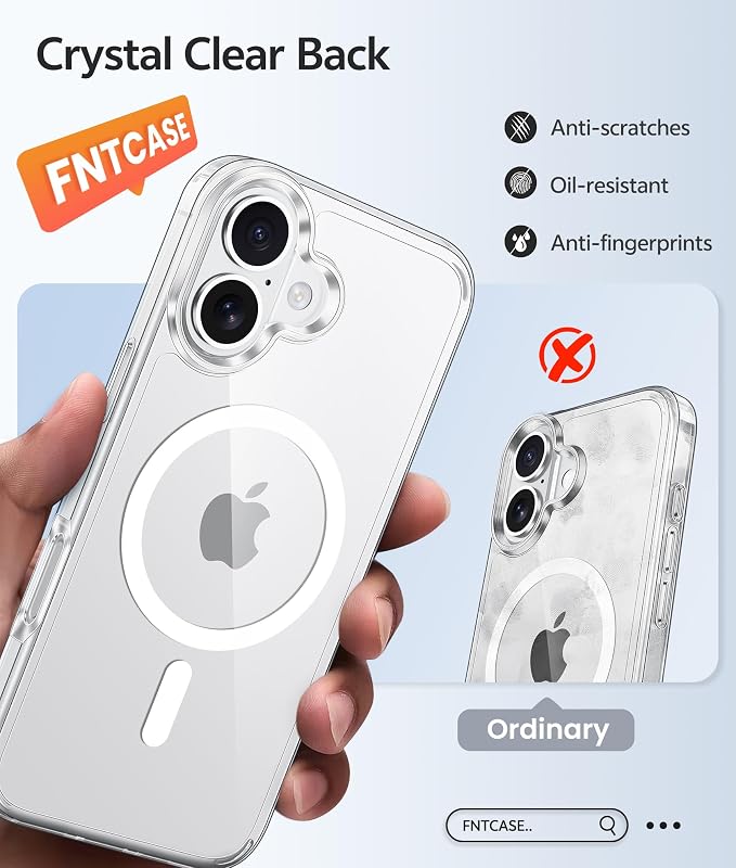 FNTCASE for iPhone 16 Case: [Compatible with Magsafe] [Screen Protector] Anti Yellowing Transparent Clear Magnetic Phone Cover - Military Grade Shockproof Drop Proof Protective Cases - Clear