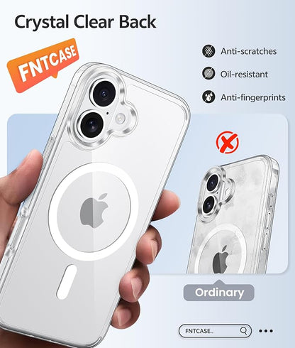 FNTCASE for iPhone 16 Case: [Compatible with Magsafe] [Screen Protector] Anti Yellowing Transparent Clear Magnetic Phone Cover - Military Grade Shockproof Drop Proof Protective Cases - Clear
