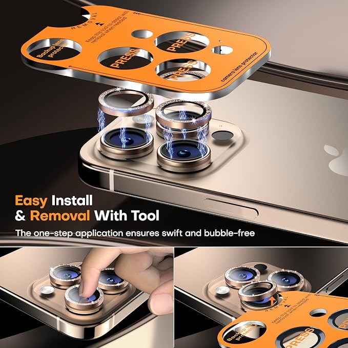 Camera Lens Protector for iPhone 17 Pro Max/17 Pro/16 Pro Max/16 Pro/15 Pro Max/15 Pro/14 Pro Max/14 Pro, Tempered Glass Metal Individual Camera Cover[Anti-drop] Case Friendly-Glitter Desert